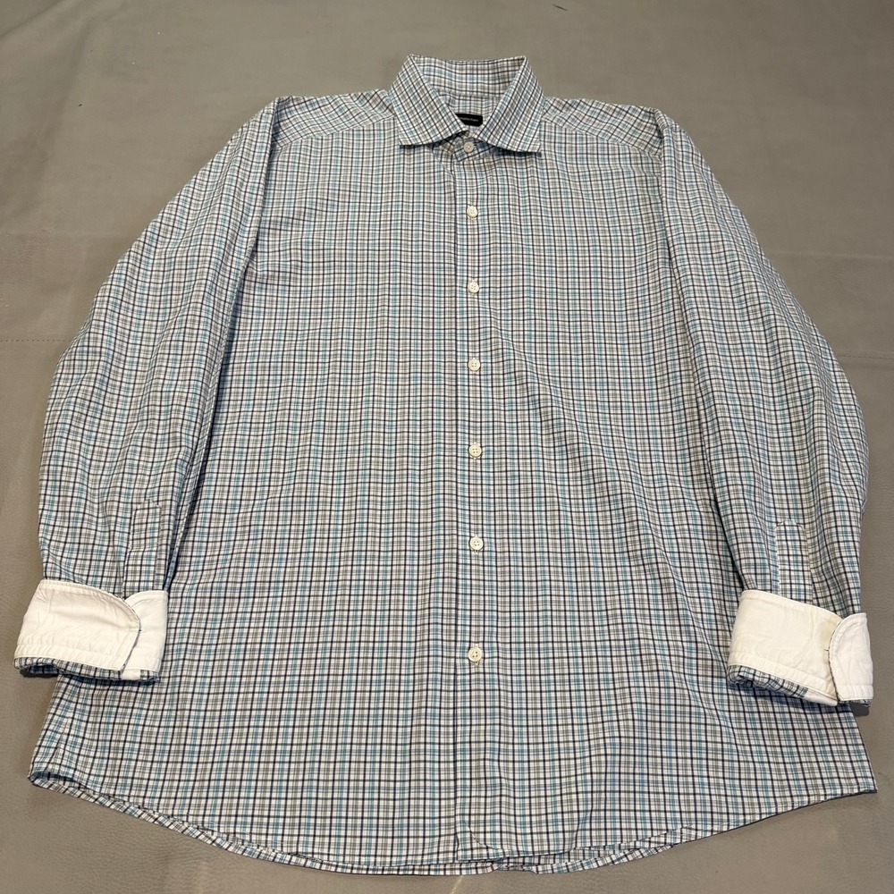 Ermenegildo Zegna Men XL Roll Cuff Blue/White Plaid Gingnam Button Down Up Dress